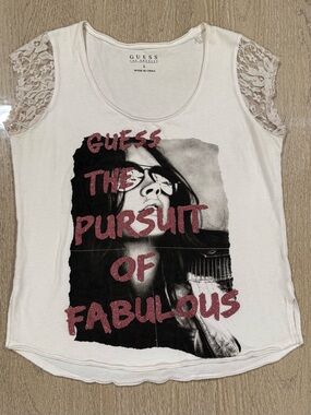 GUESS White Lace Sleeve Tank with Pink Glitter Graphic